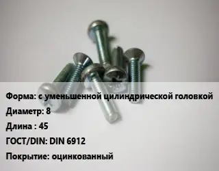 Винт с уменьшенной цилиндрической головкой 8х45 DIN 6912 оцинкованный